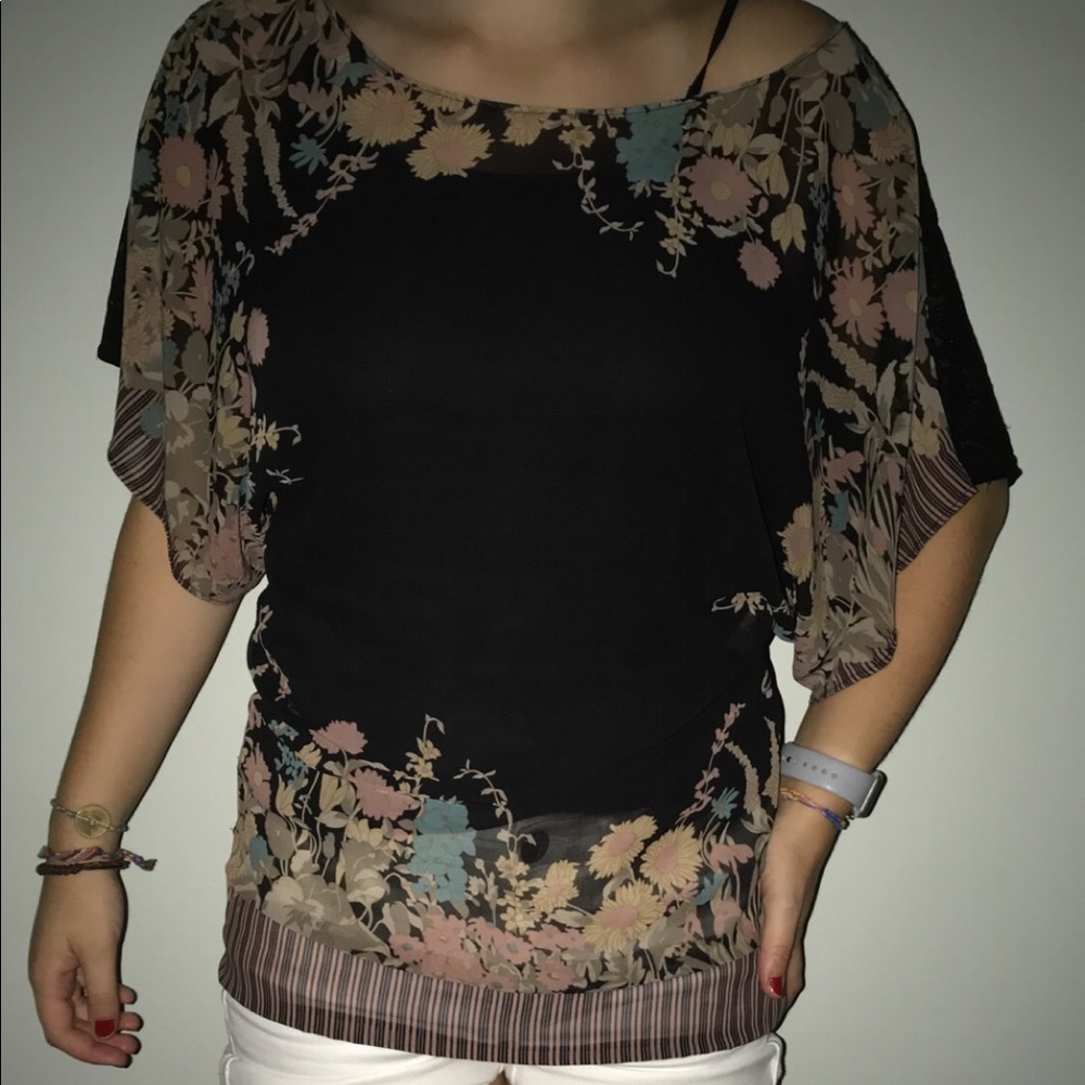 Free People Shirt Size M Black, Stripes & Flowers